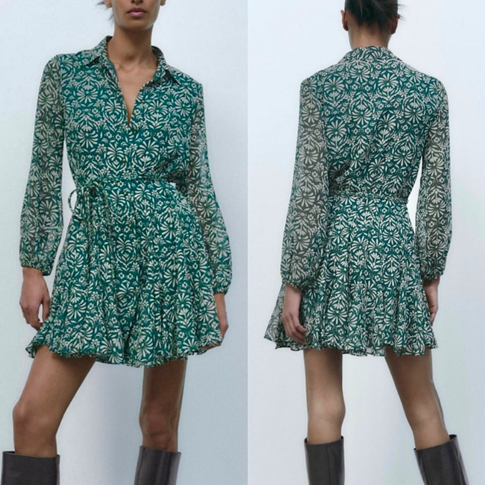 Zara Long Sleeve Floral Print Wrap Tie Mini A line Shirt Dress L